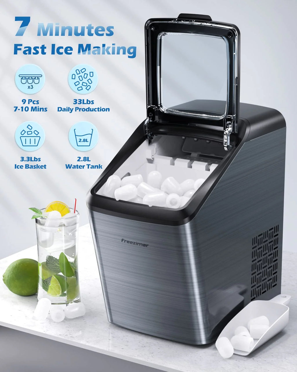 Black Countertop Bullet Ice Maker, 33Lbs, 2 Size Ice Cubes X328