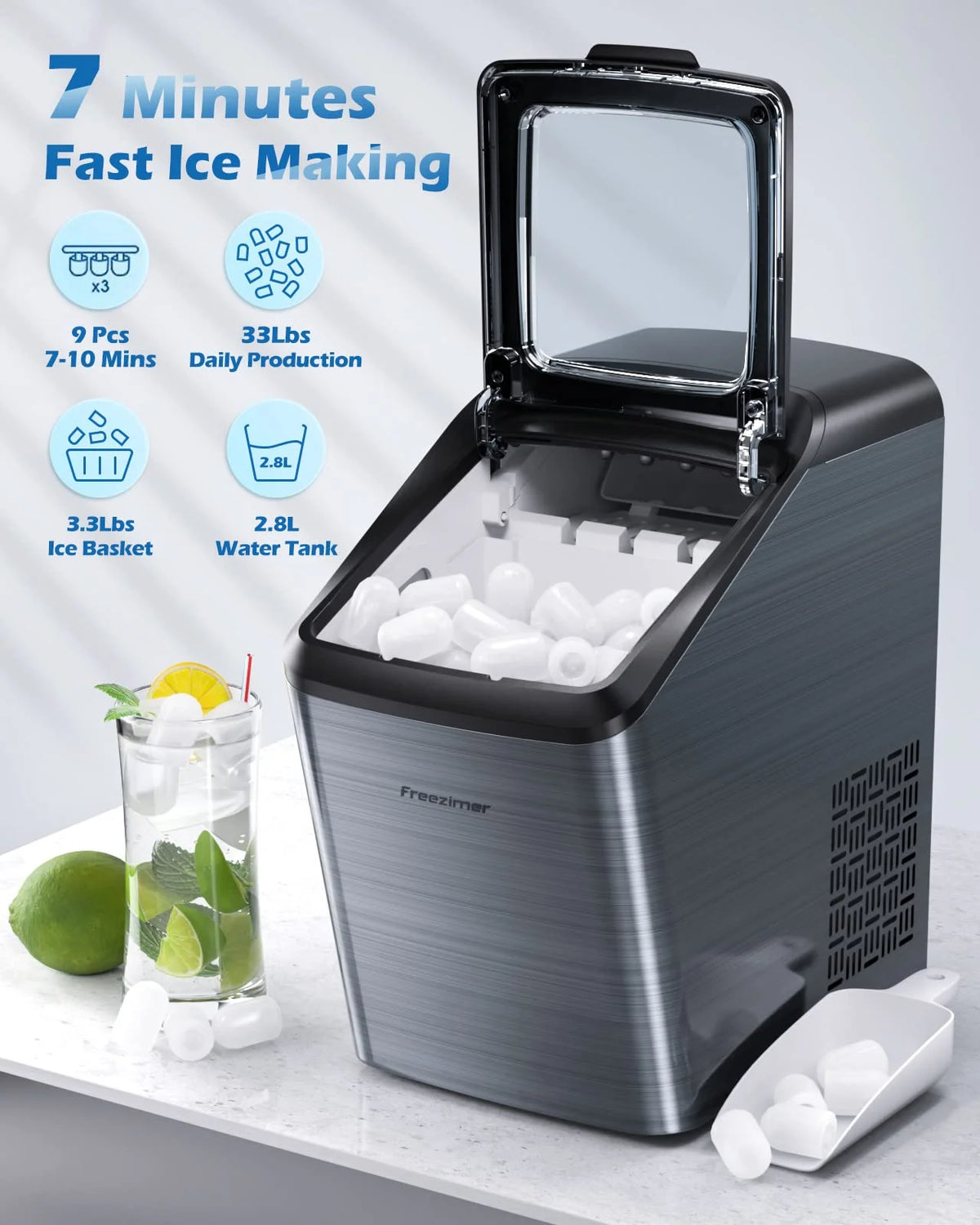 Black Countertop Bullet Ice Maker, 33Lbs, 2 Size Ice Cubes X328
