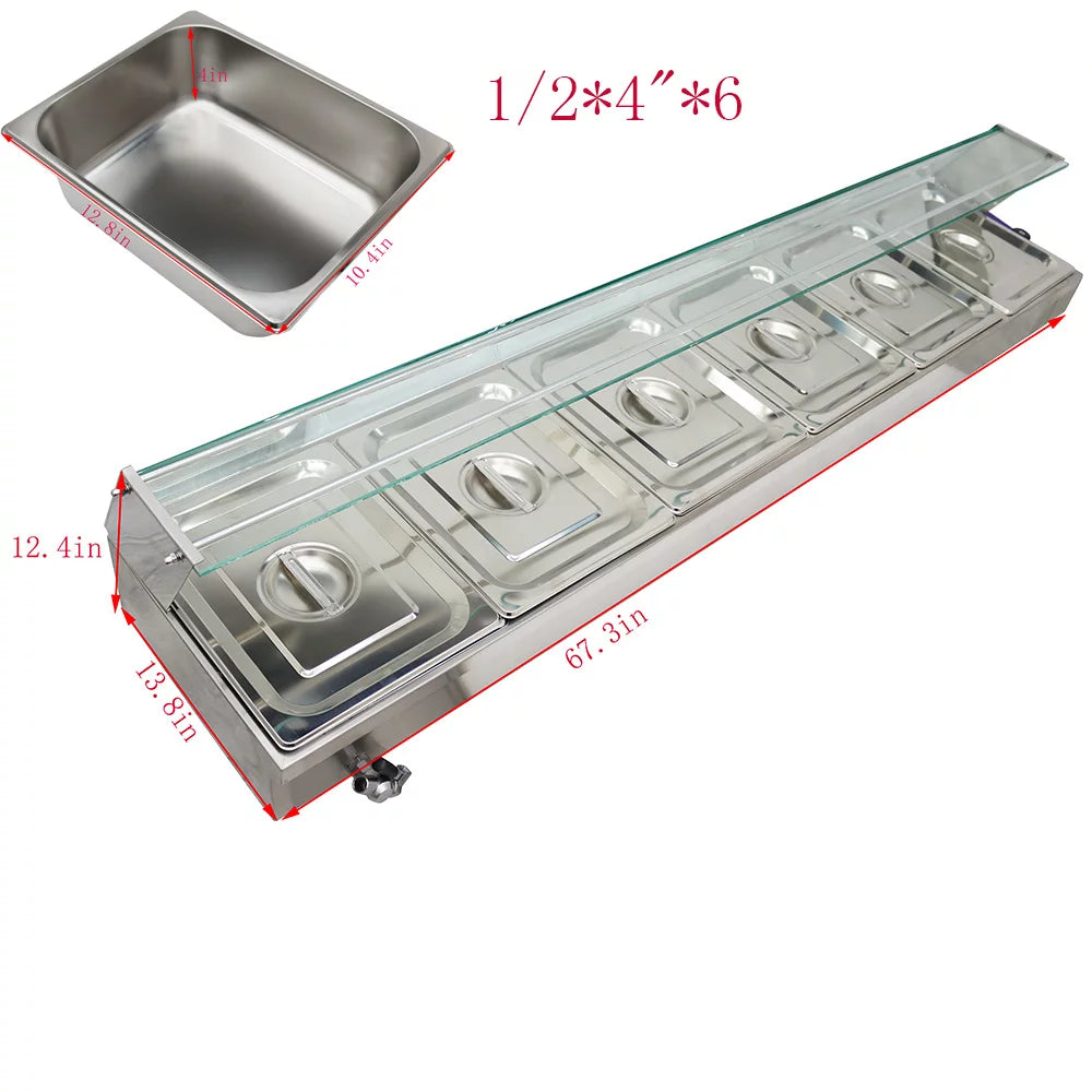 Electric Commercial Bain-marie Buffet Food Warmer Steam Table with Glass Guard 6-Pan I464