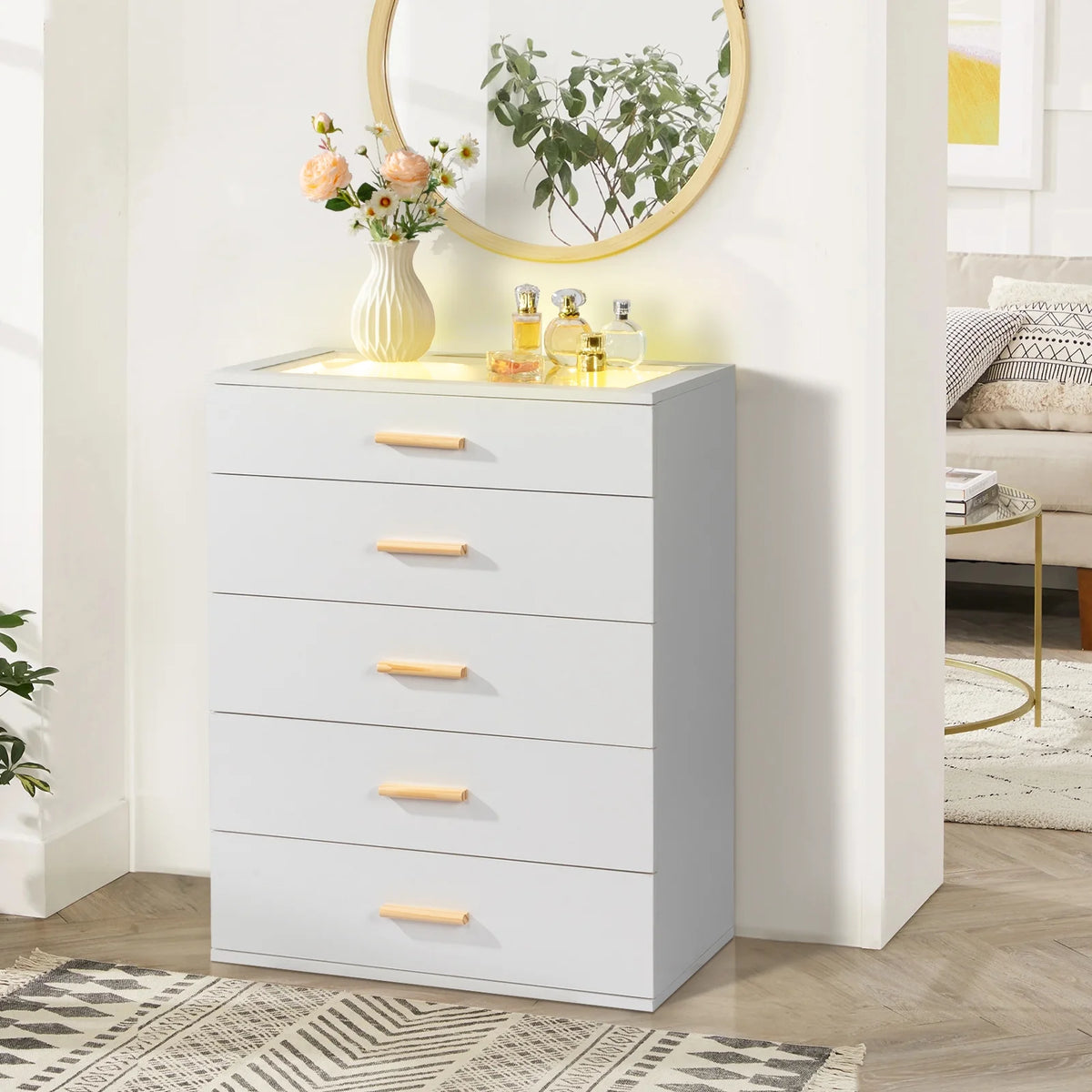 White 5 Drawer Dresser with Tempered Glass Top D32094