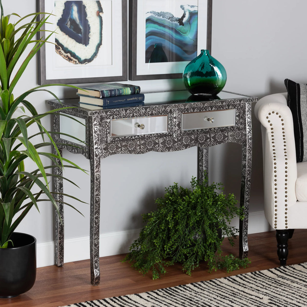 Mirrored Glass 2 Drawer Console Table Y555872