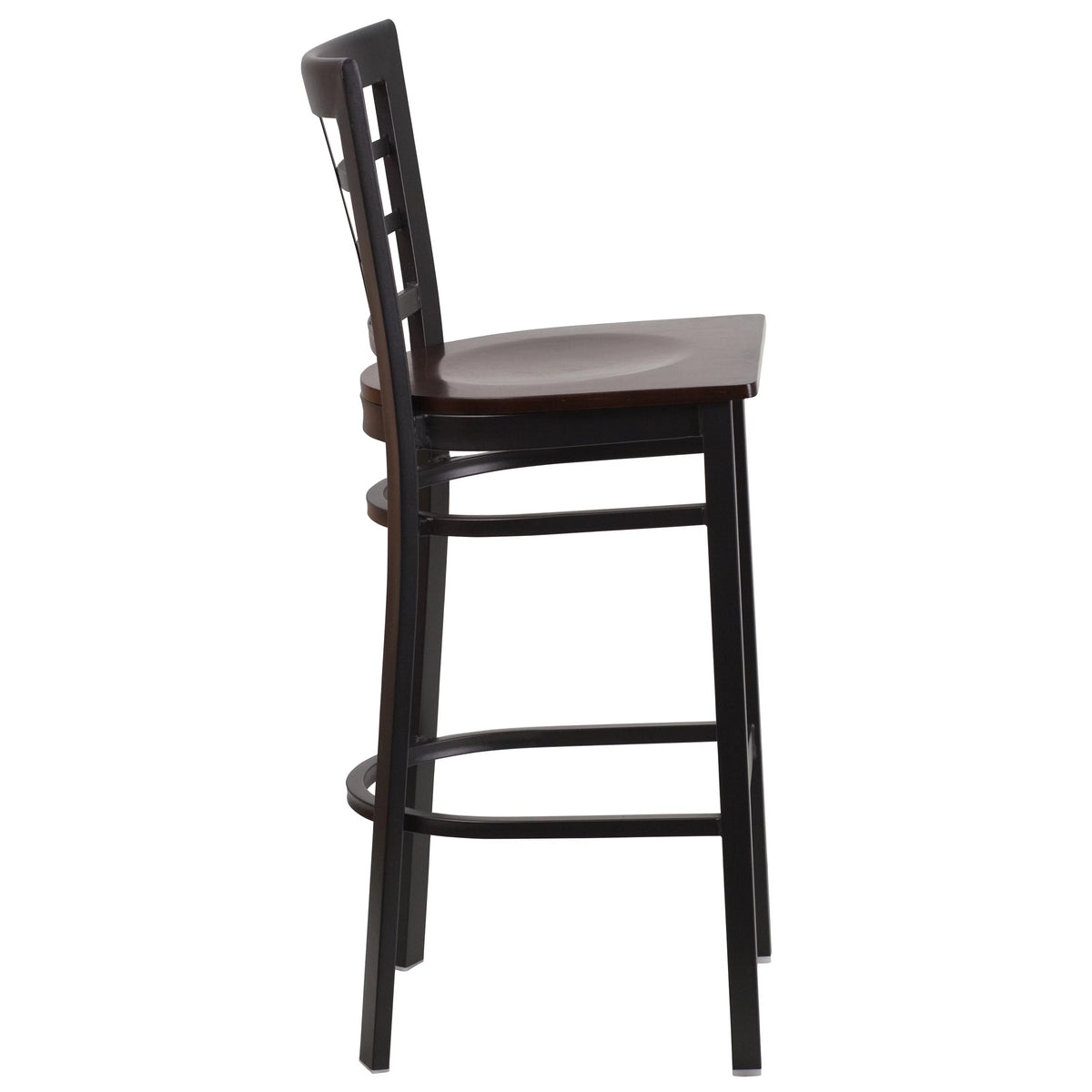 Black Window Back Metal Restaurant Barstool with Walnut Wood Seat Y908