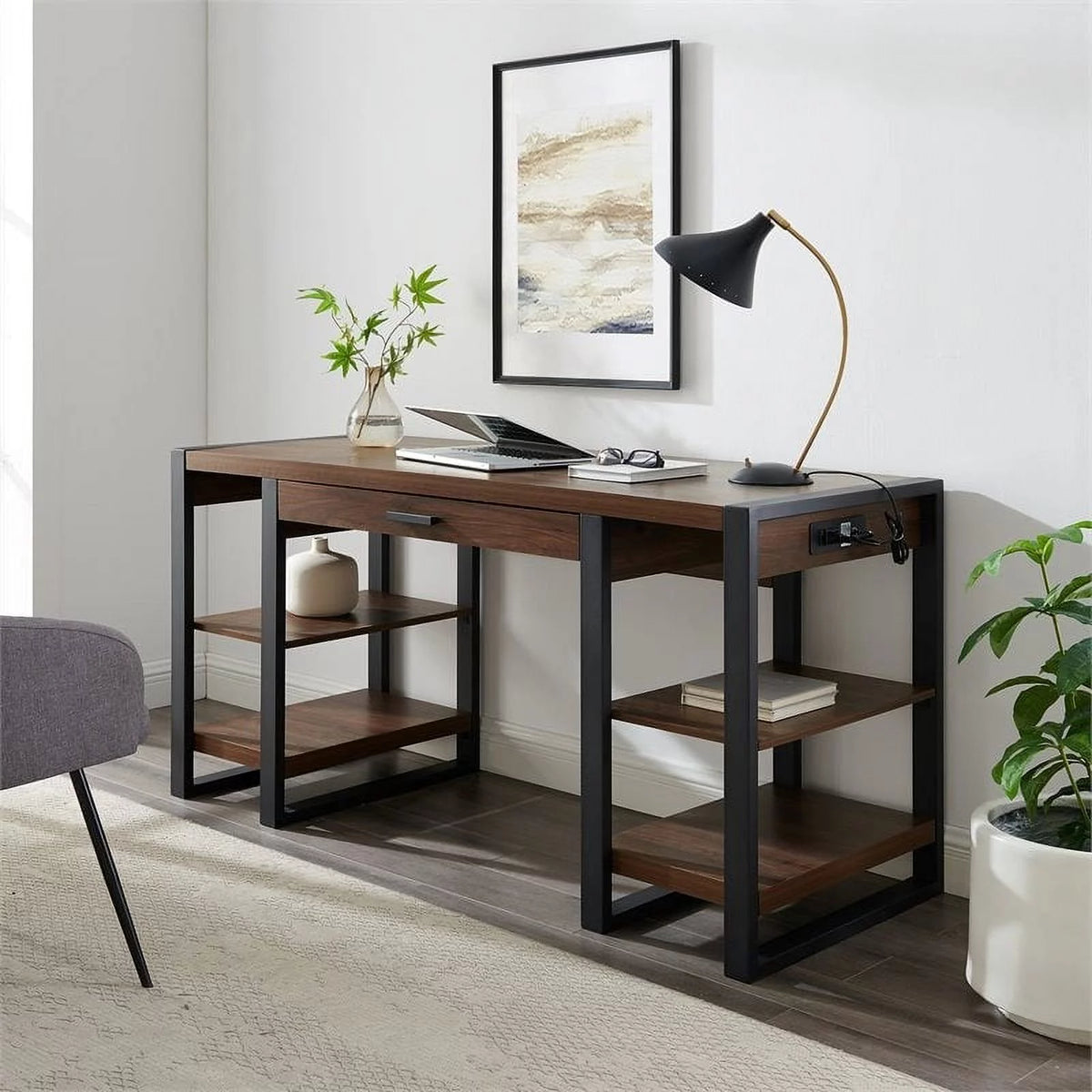 60" Industrial Wood Computer Desk in Dark Walnut Z483