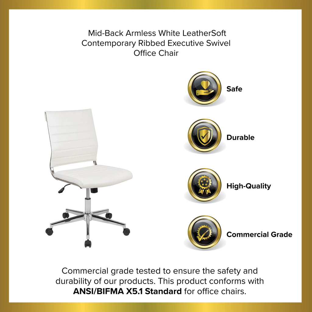 White Ergonomic Swivel Office Chair Faux Leather Mid-Back Armless Z823