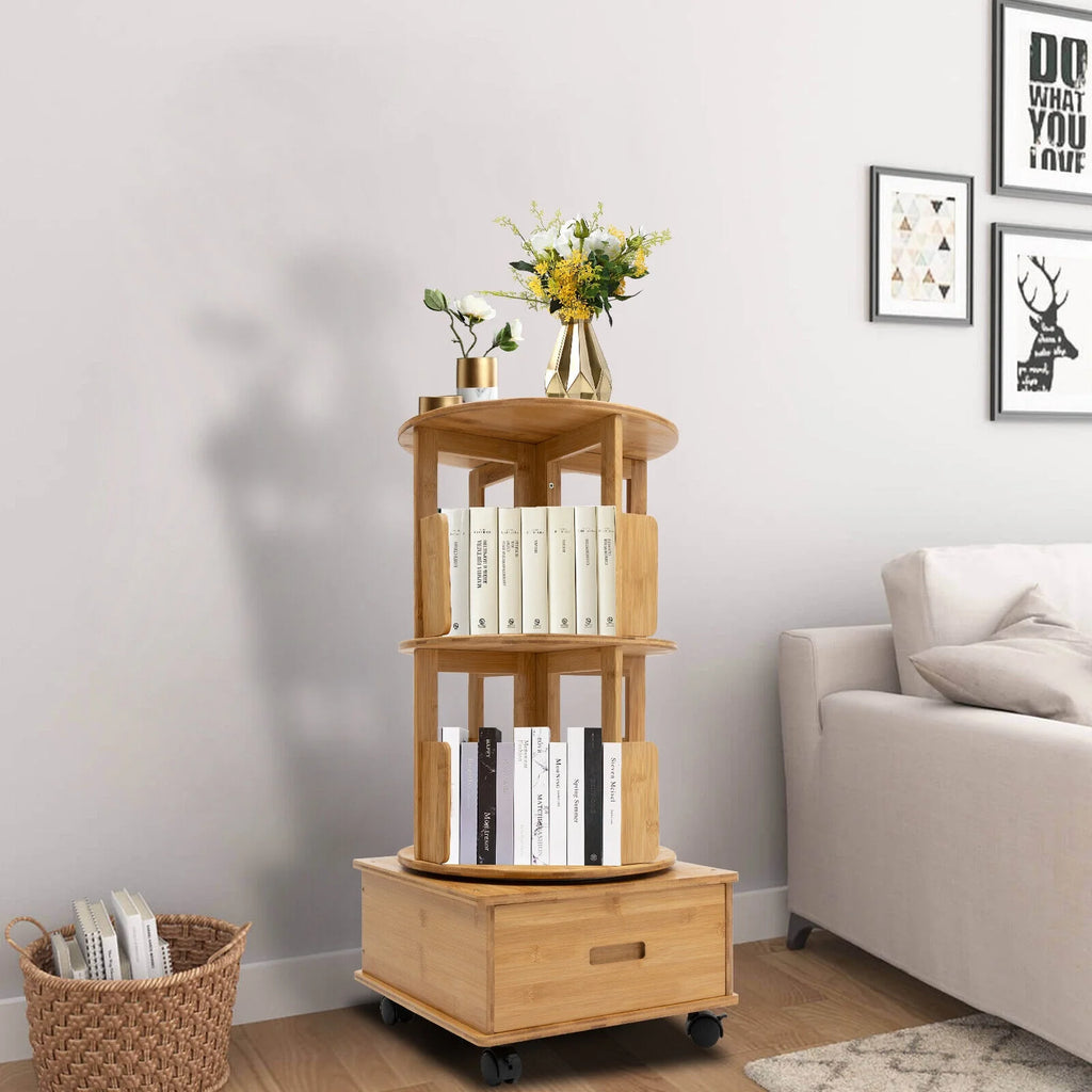 2 Tiers Rotating Bamboo Side Table with Wheels P10236