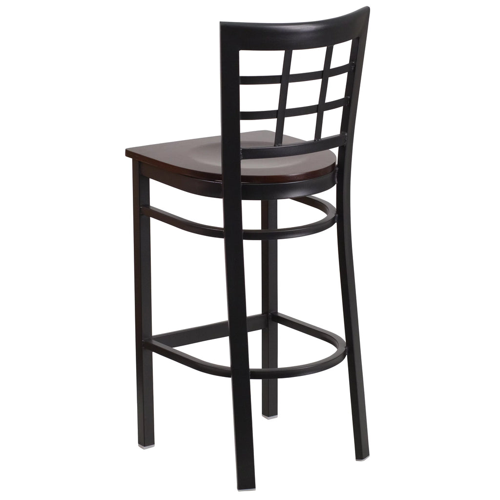 Black Window Back Metal Restaurant Barstool with Walnut Wood Seat Y908