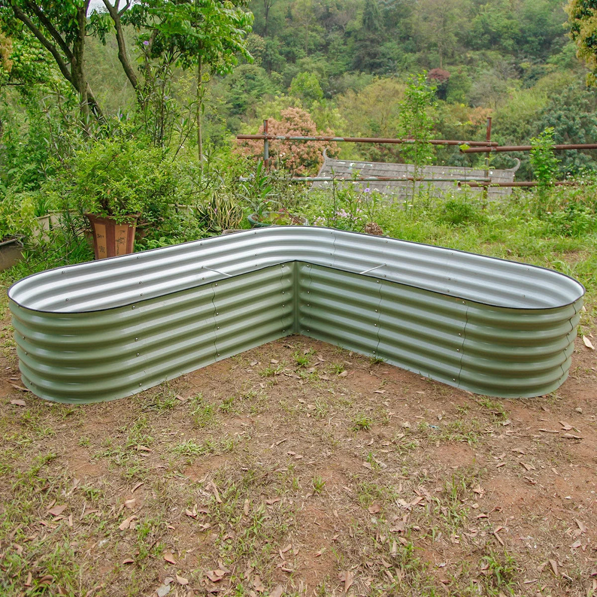 17" Tall L-Shaped Modular Corrugated Metal Raised Garden Beds G7849