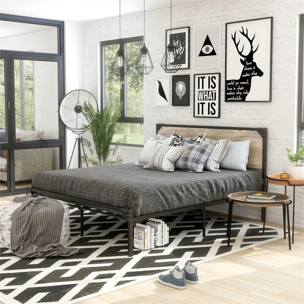Gray Metal Queen Platform Bed with 12 Memory Foam Mattress T63798