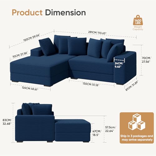 Beige Reversible Corduroy L Shaped Sectional Couch with 8pcs Pillows D273775