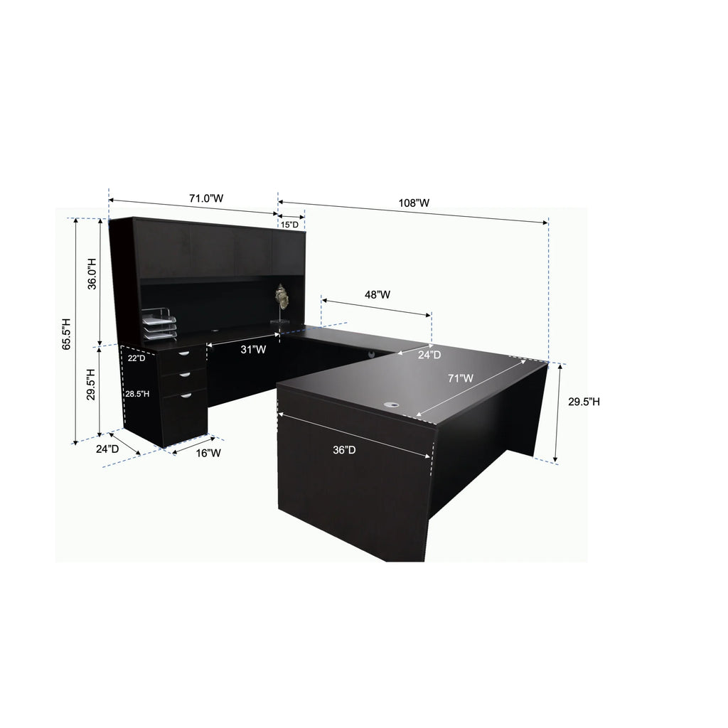 Mocha 71-Inch U-Shape Desk with File Storage Pedestal and Hutch S5815