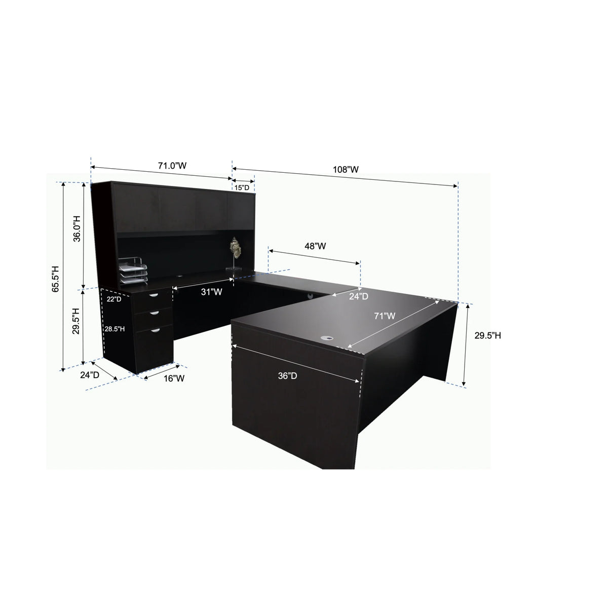 Mocha 71-Inch U-Shape Desk with File Storage Pedestal and Hutch S5815