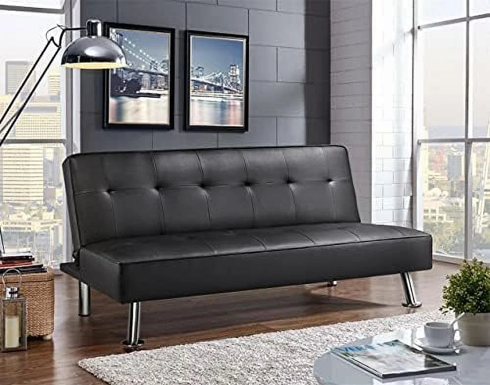 Black Faux Leather Folding Futon Sleeper Bed I443