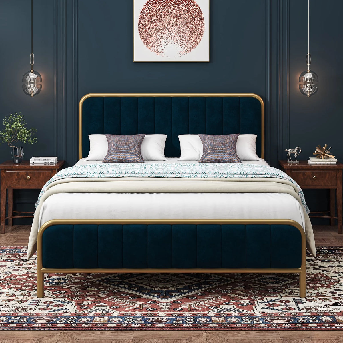 Queen Size Metal Bed Frame with Upholstered Headboard Y543918