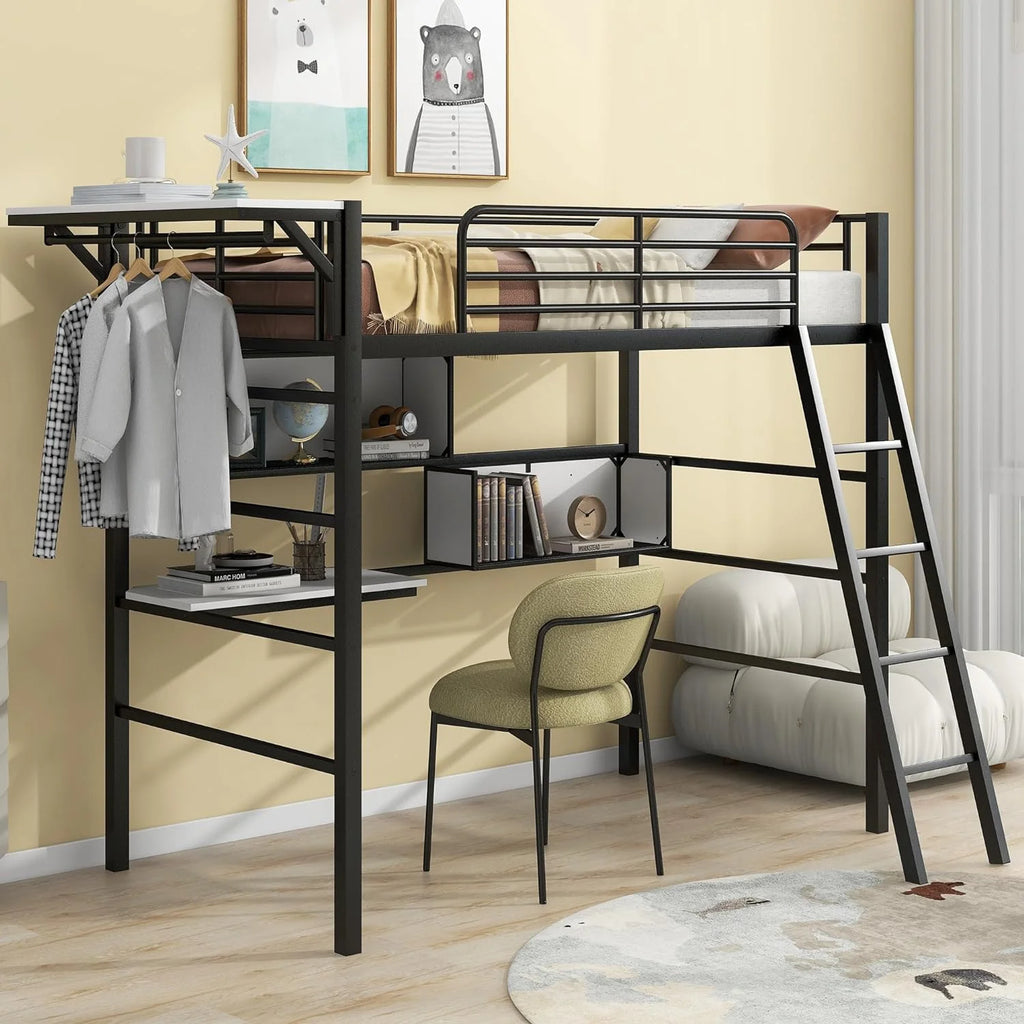 Heavy-Duty Black Loft Bed Frame with Storage Shelves P11201