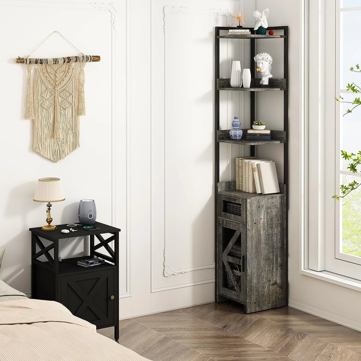 Grey 7-Tier Corner Cabinet with Drawer X737856