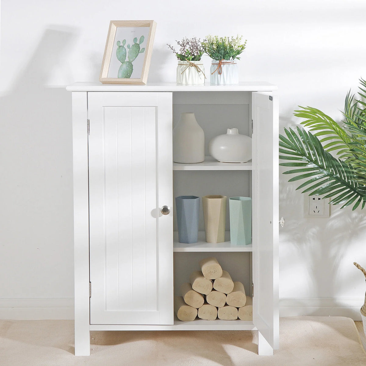 White Wooden Bathroom Floor Cabinet 3 Shelves L803115