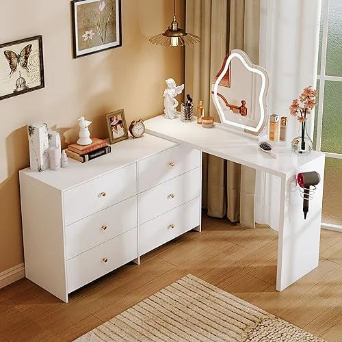 Modern Corner Vanity Table with LED Mirror and 6 Drawers M1427