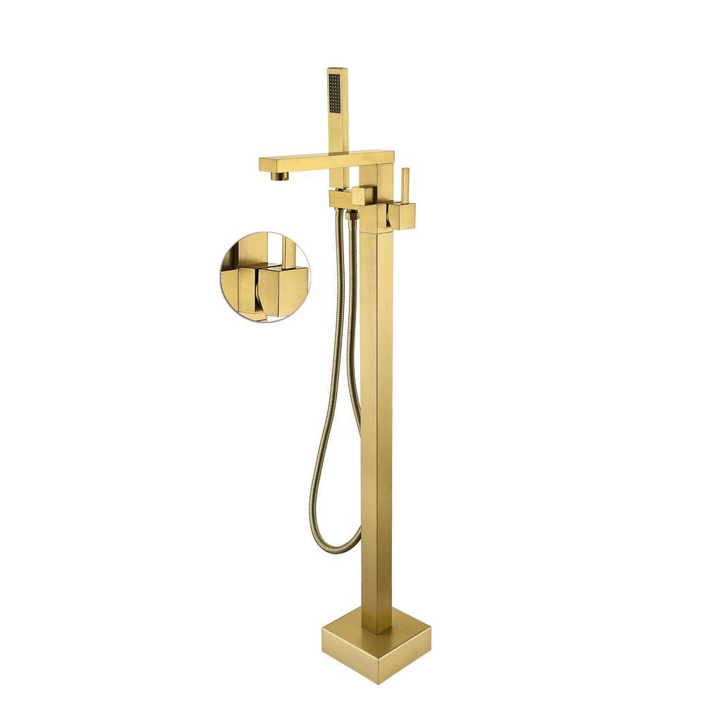 Brushed Brass Single-Handle Floor-Mounted Bathtub Faucet with Hand Shower P46043