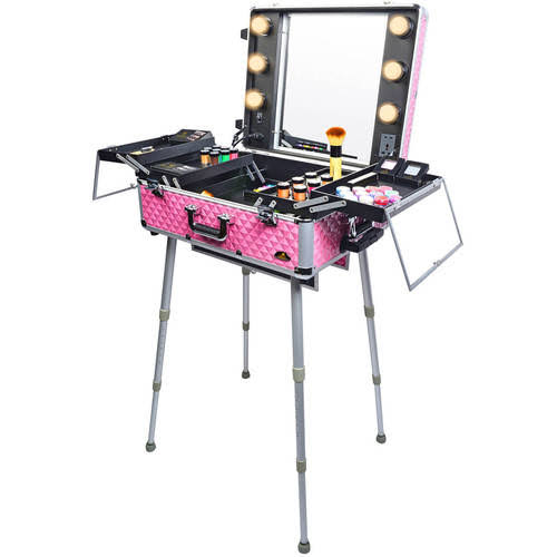 Pink Wheeled Makeup Case and Organizer with Light J950762