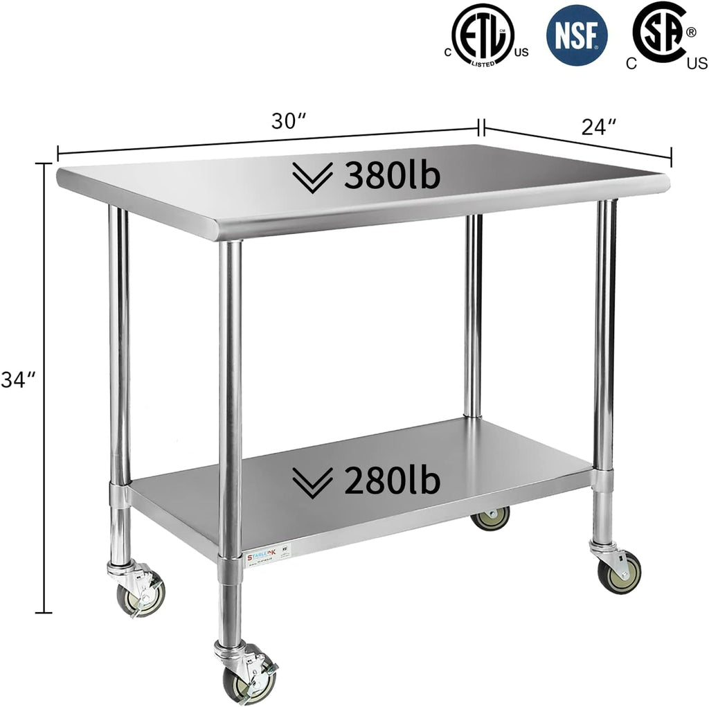 Stainless Steel Table with 4 Caster Wheels and Adjustable Undershelf F4434