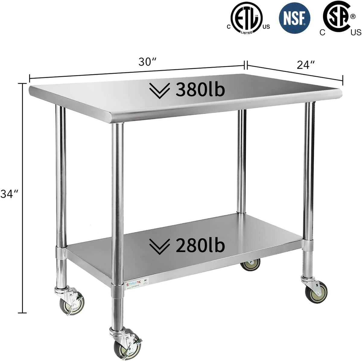 Stainless Steel Table with 4 Caster Wheels and Adjustable Undershelf F4434