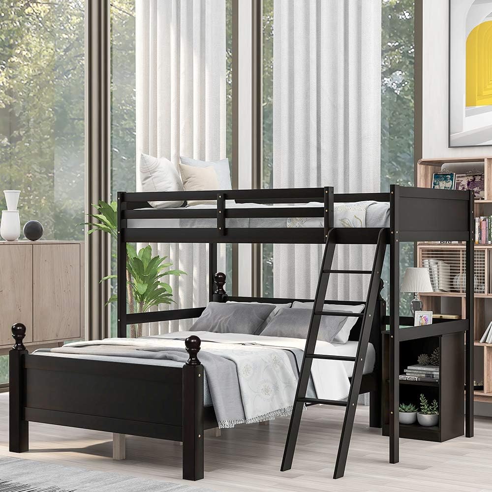 Twin Over Full Wood Loft Bunk Bed with Cabinet E53115