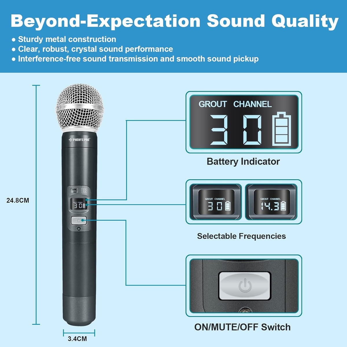 Wireless Microphone System, Dual Channel Cordless Mic Set with 2 Handhelds J47338