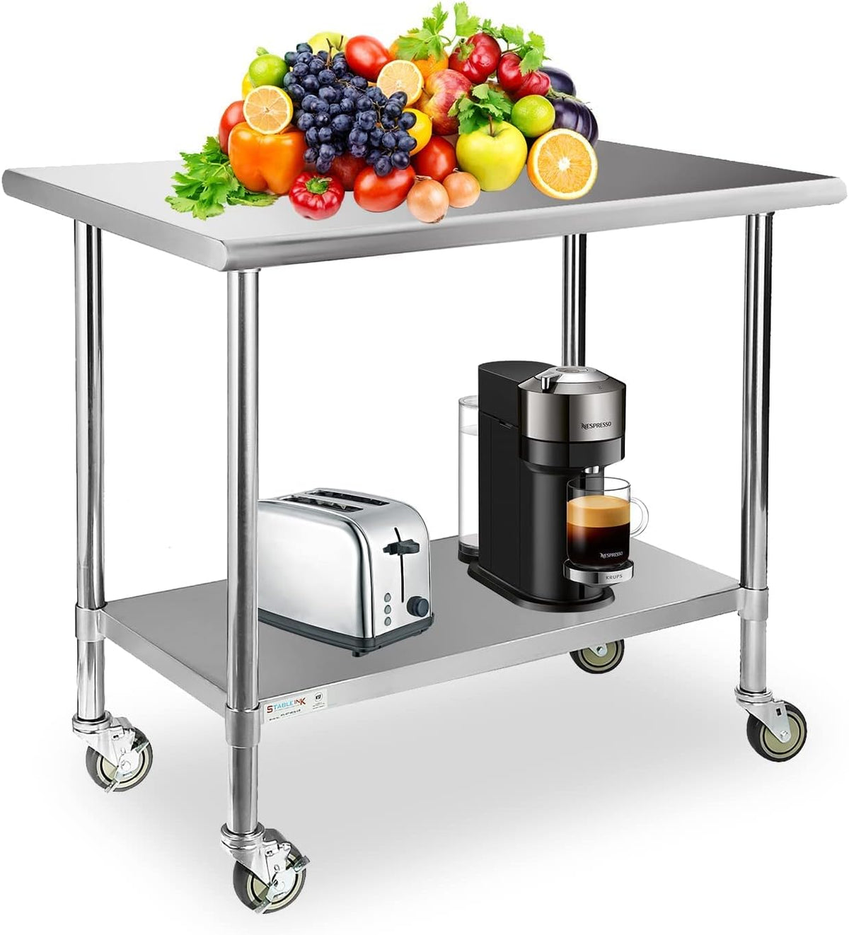Stainless Steel Table with 4 Caster Wheels and Adjustable Undershelf F4434