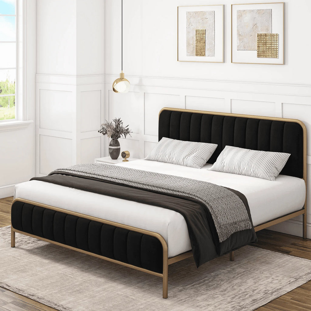 Queen Size Metal Bed Frame with Upholstered Headboard Y543918