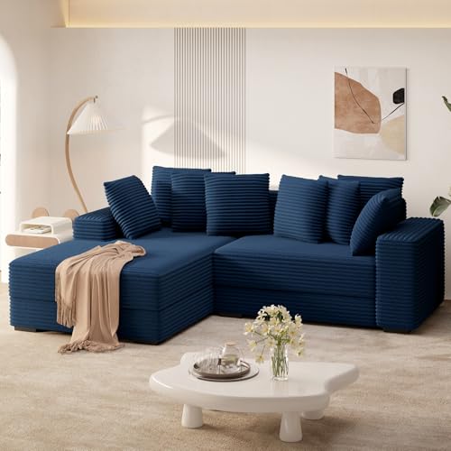 Beige Reversible Corduroy L Shaped Sectional Couch with 8pcs Pillows D273775