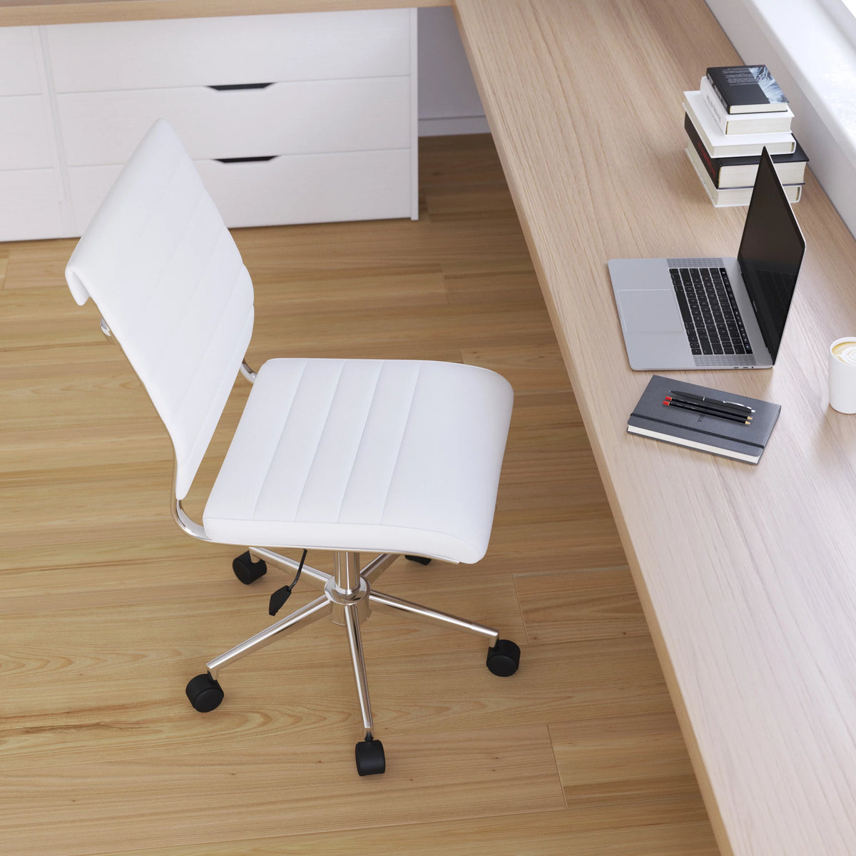 White Ergonomic Swivel Office Chair Faux Leather Mid-Back Armless Z823
