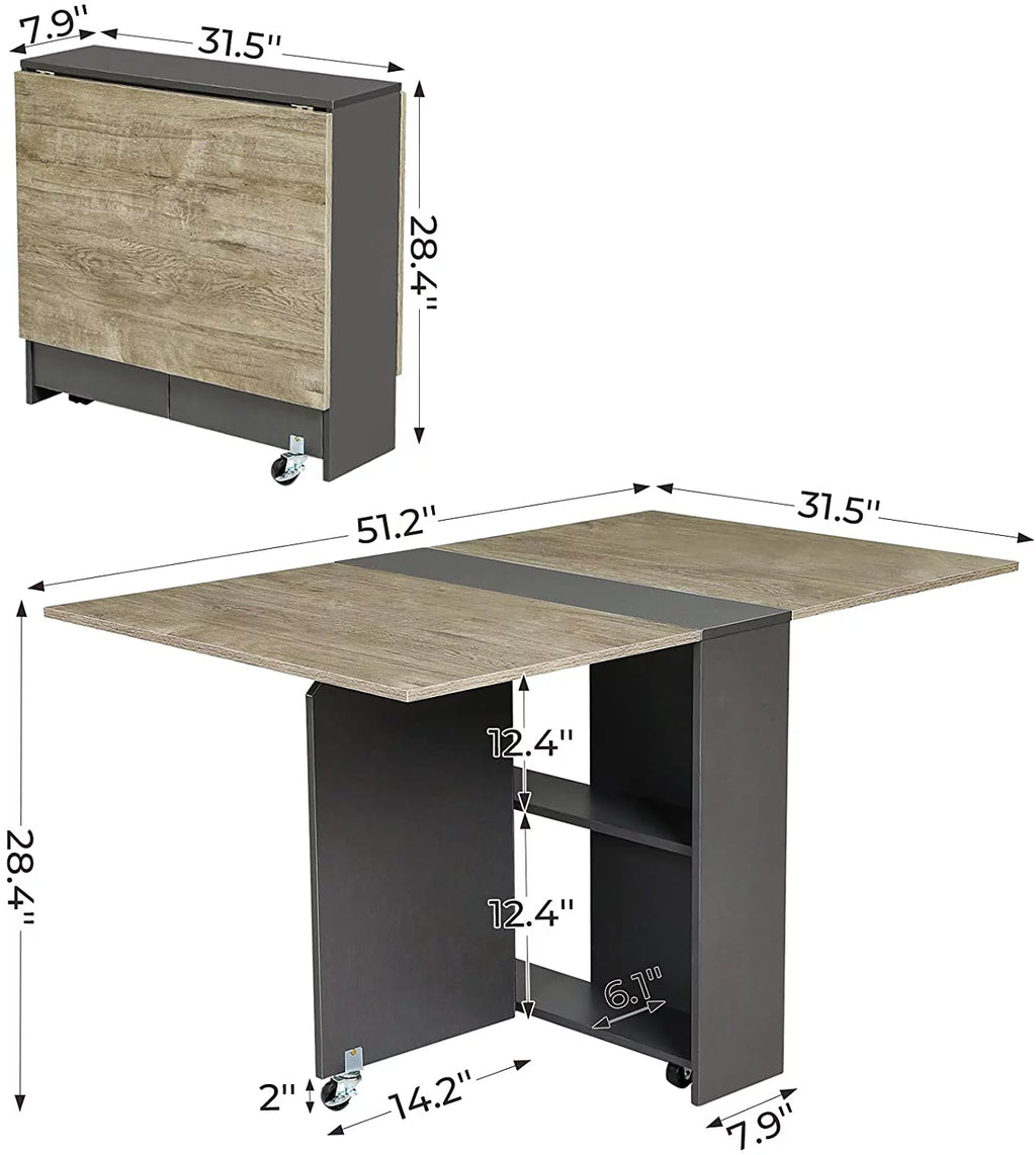 Folding Drop Leaf Dining Table with 6 Wheels and Storage Shelf N8613