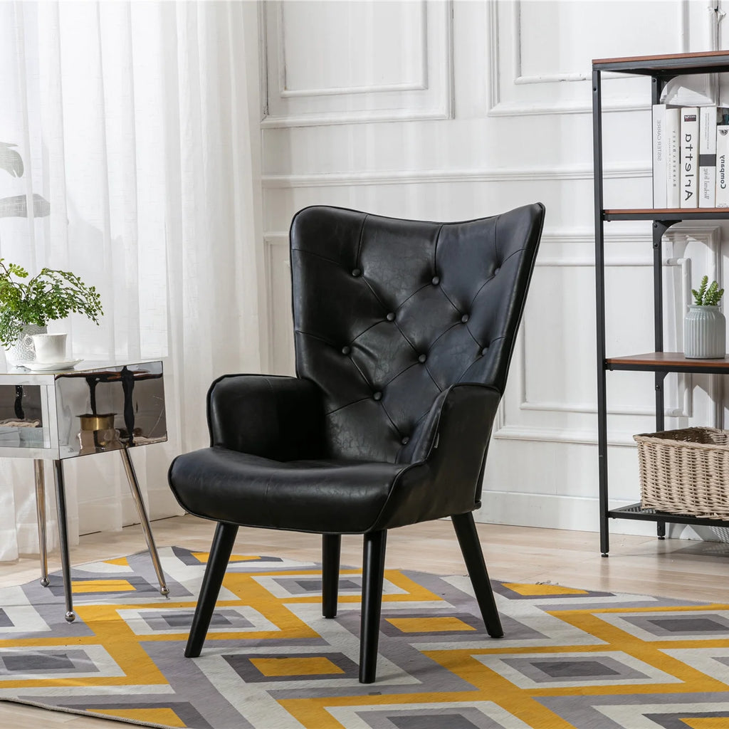 Black PU Leather Tufted Accent Chair with Wood Legs D1485