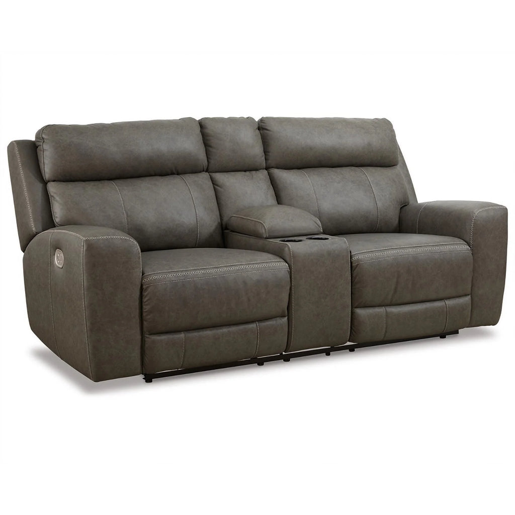 Gray Leather Power Reclining Loveseat V977378