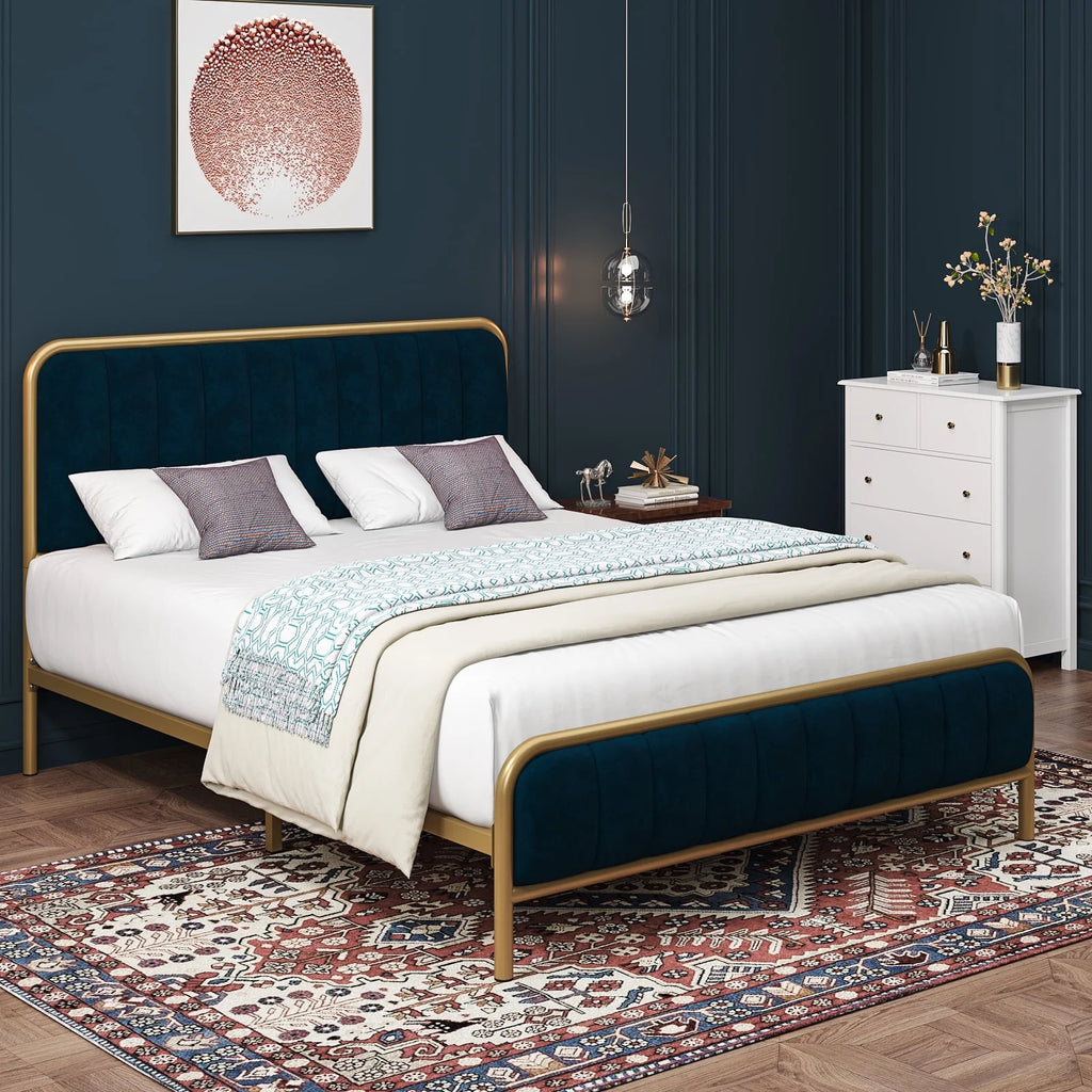 Queen Size Metal Bed Frame with Upholstered Headboard Y543918
