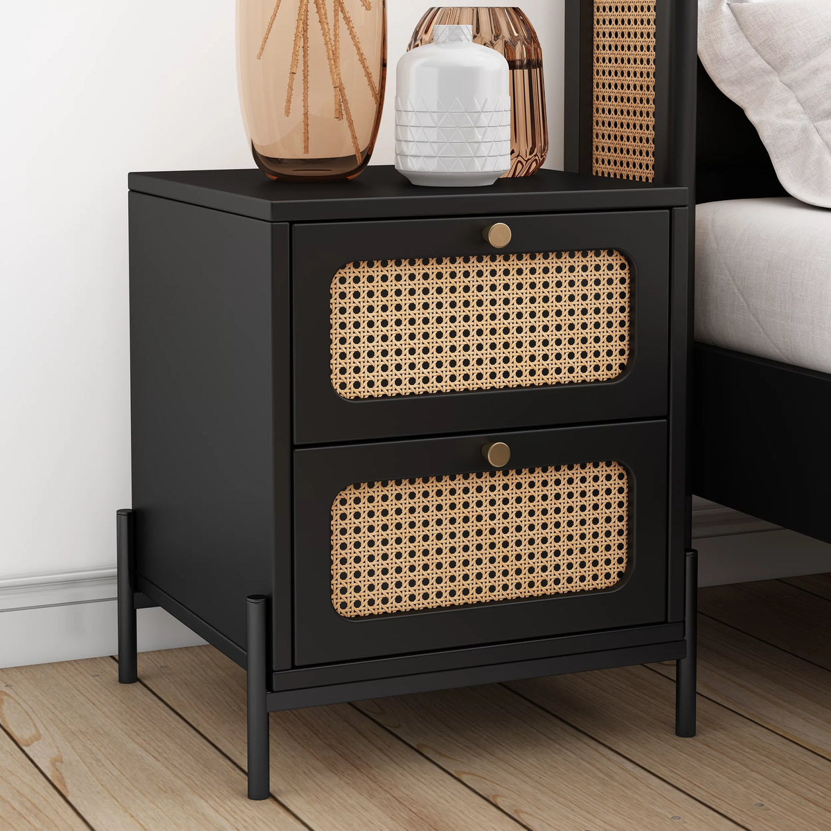 Walnut 2-Drawer Rattan Wood Side Table L147