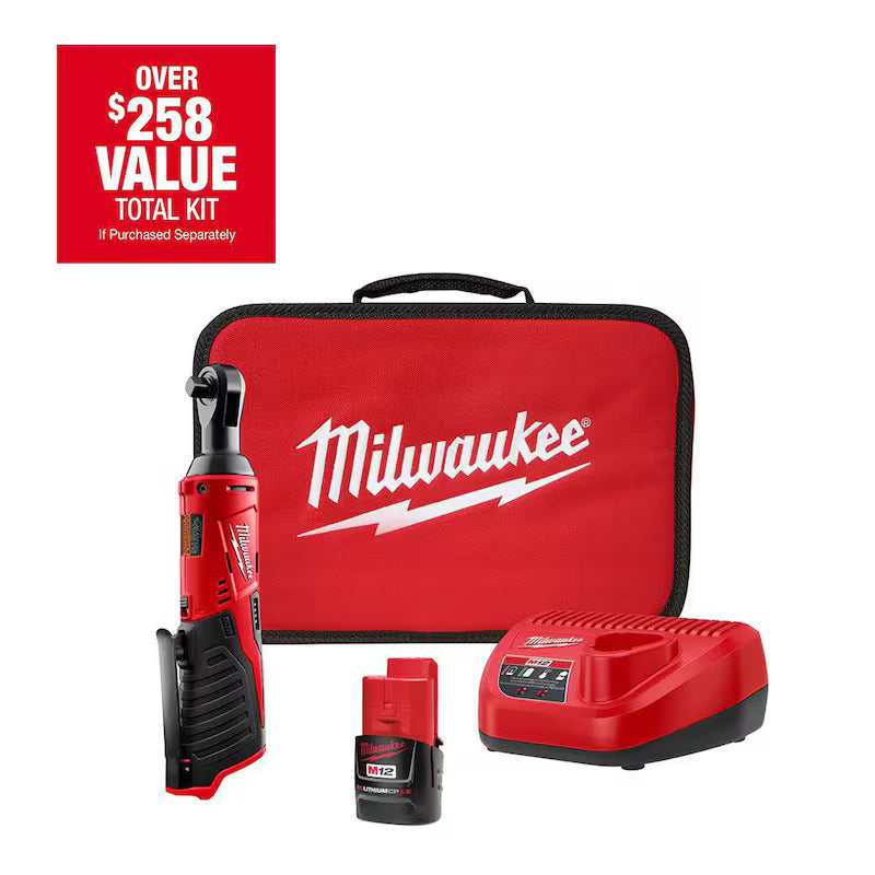 12V Cordless 3/8 in. Ratchet Kit with Battery, Charger and Tool Bag Y436