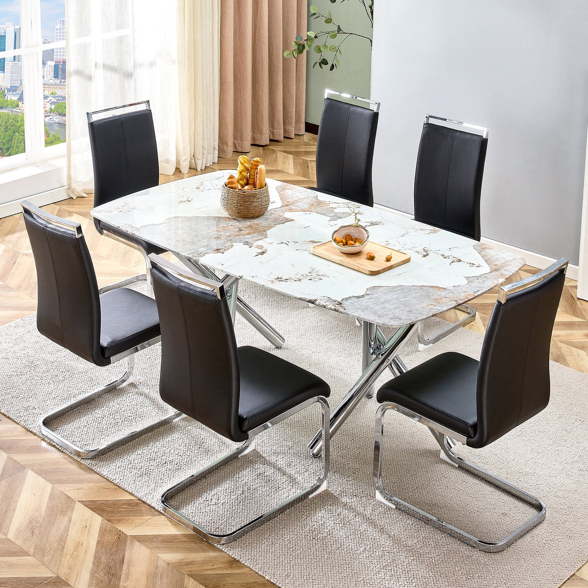 71" Rectangular Tempering Glass Dining Table with Metal Legs M310887