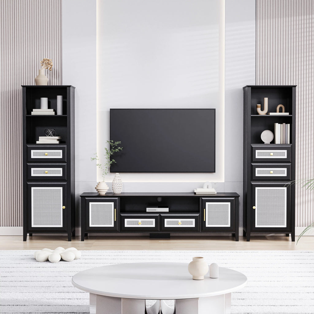 Black Rattan TV Stand Set with 2 Tall Cabinets H234