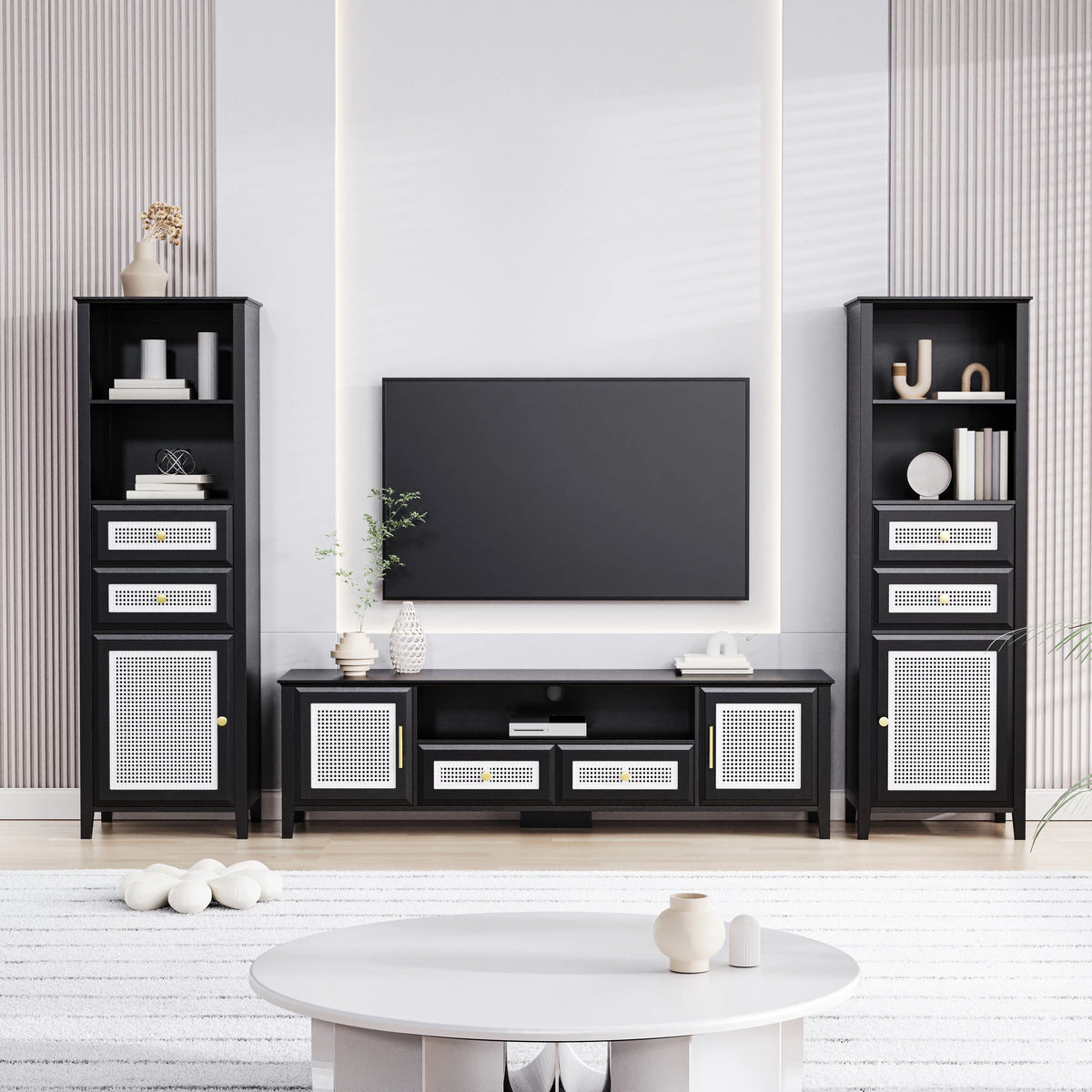 Black Rattan TV Stand Set with 2 Tall Cabinets H234