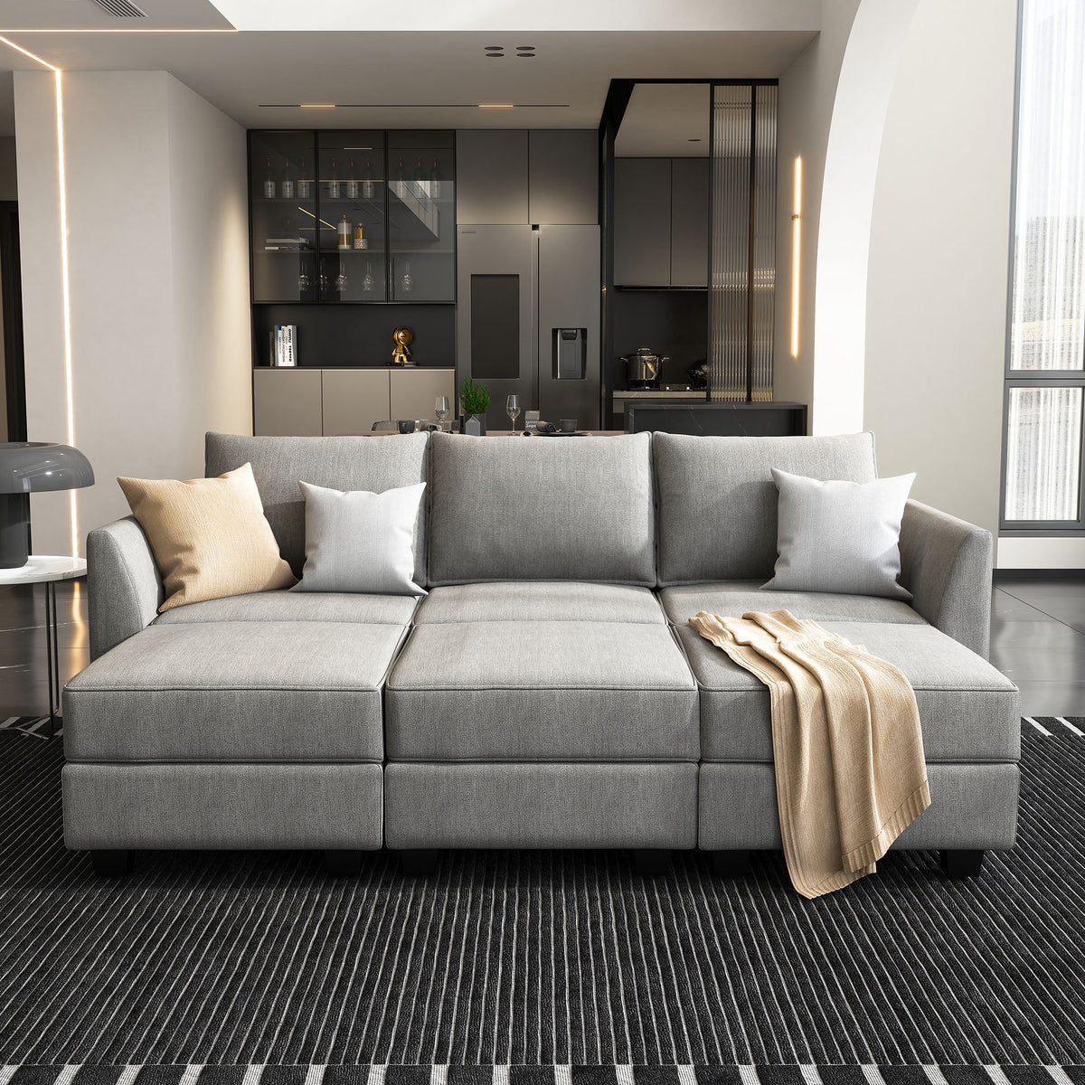 Grey Convertible Fabric Sleeper Sectional Sofa Bed with Storage Ottomans E99254