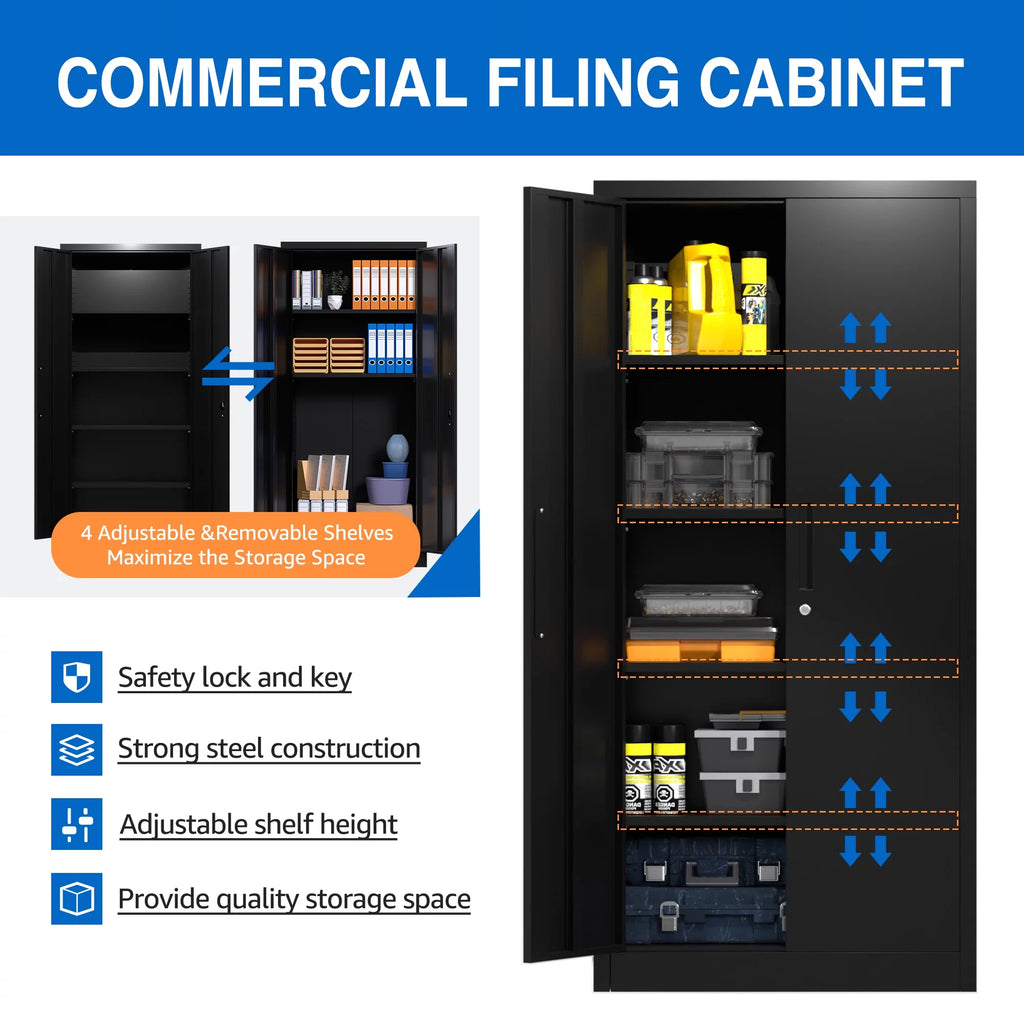 Black Metal Storage Cabinet with Lockable Doors and Shelves P90588