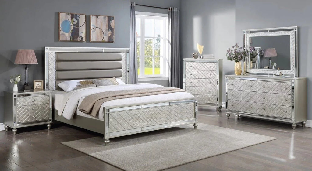 6pc Queen Size Upholstery LED Bed Dresser Mirror Nightstand Chest Wooden Bedroom Furniture Set K36458