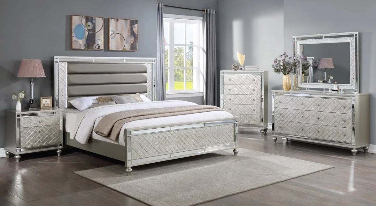 6pc Queen Size Upholstery LED Bed Dresser Mirror Nightstand Chest Wooden Bedroom Furniture Set K36458