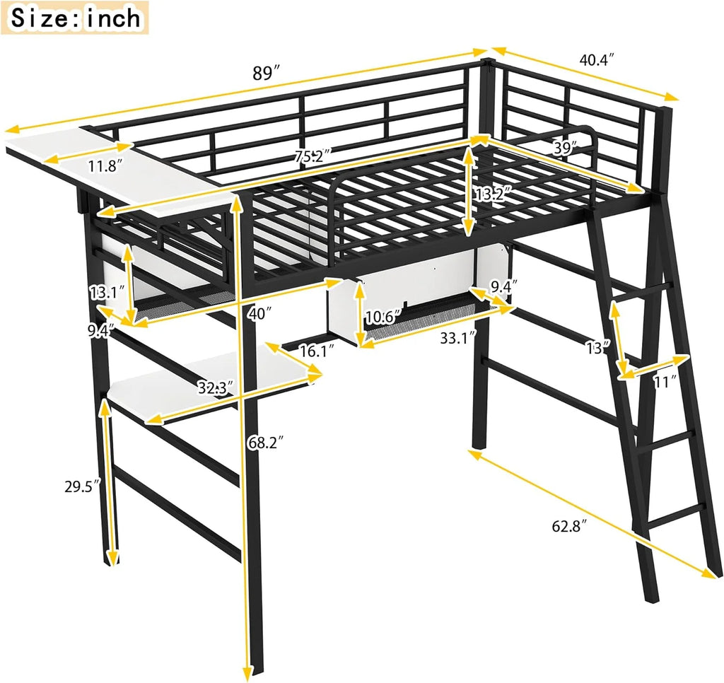 Heavy-Duty Black Loft Bed Frame with Storage Shelves P11201