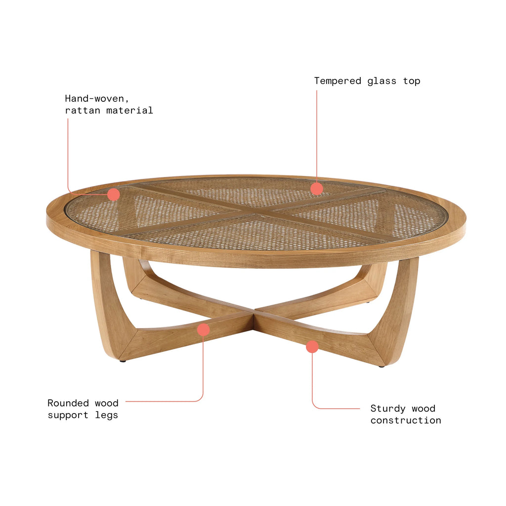 Rattan & Glass Coffee Table with Solid Wood Frame W450