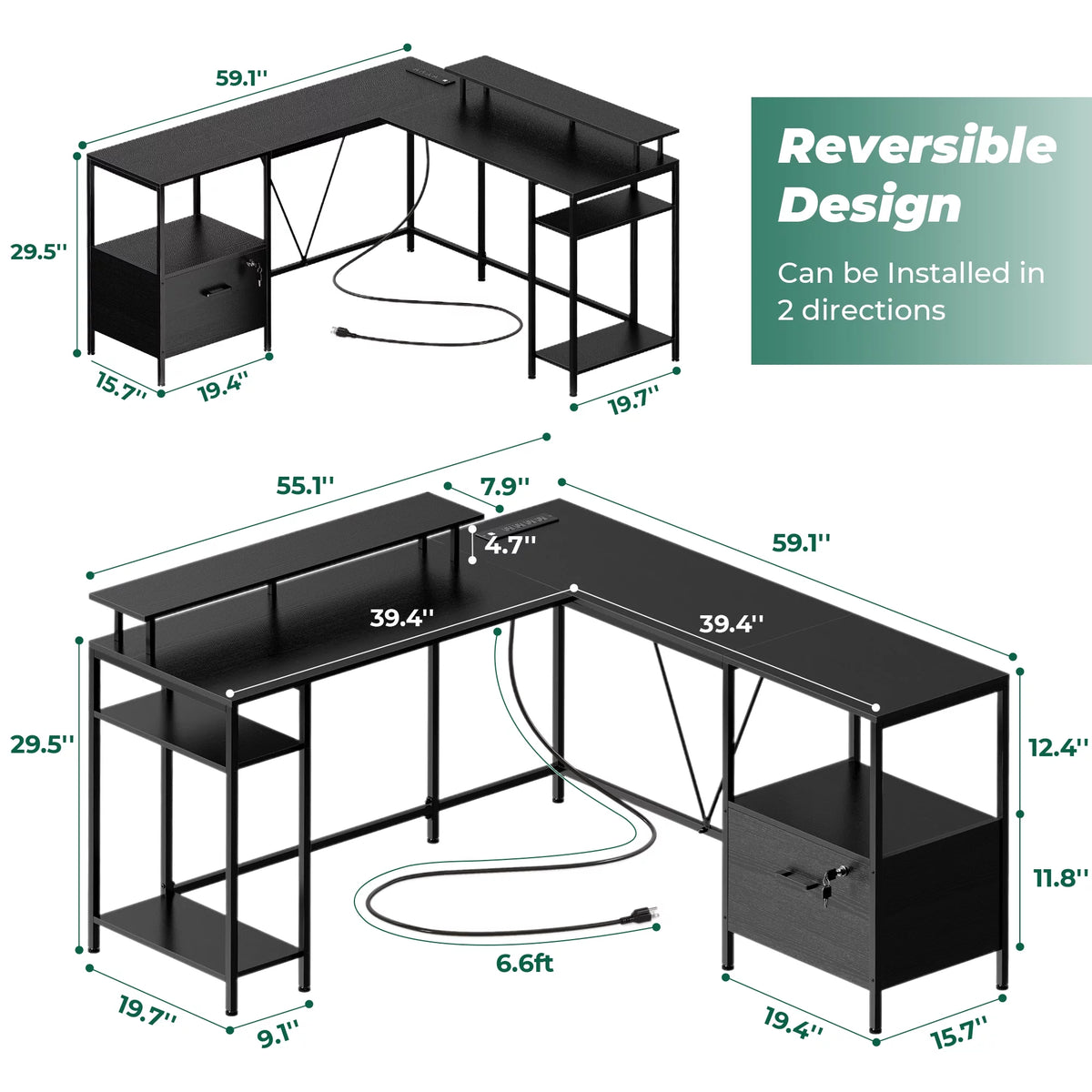 Black L Shaped Desk with Power Outlets & LED Lights O6457