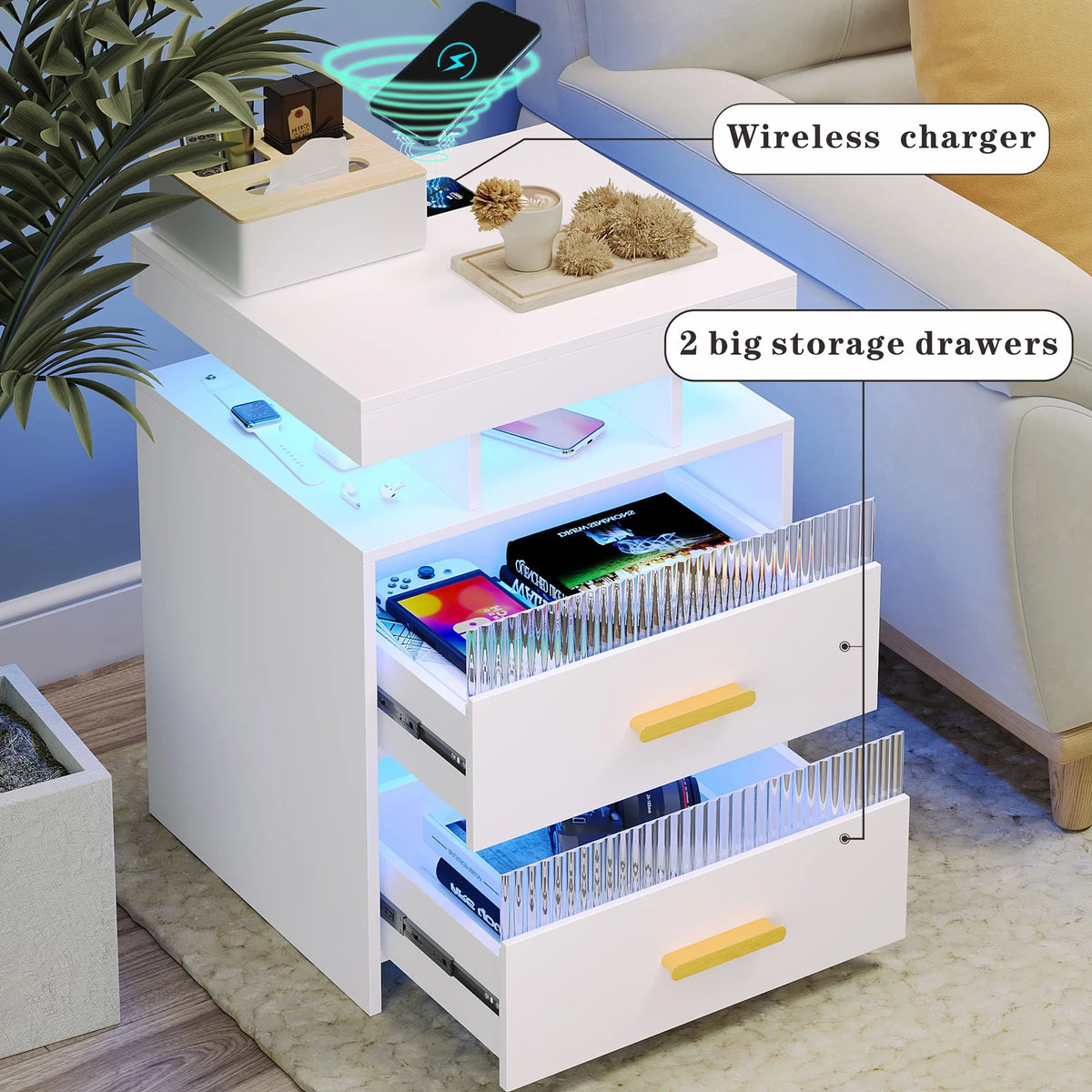 White Modern Nightstand with Wireless Charging Station and USB Port M258796