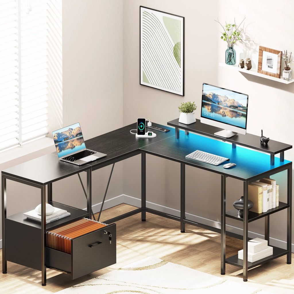 Black L Shaped Desk with Power Outlets & LED Lights O6457