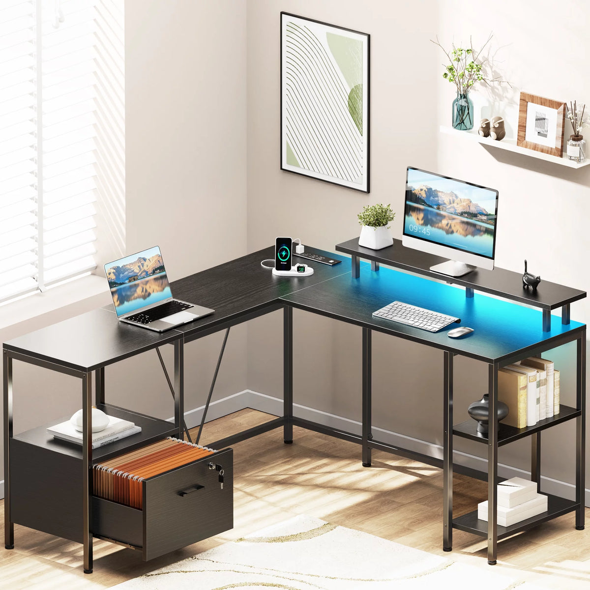Black L Shaped Desk with Power Outlets & LED Lights O6457